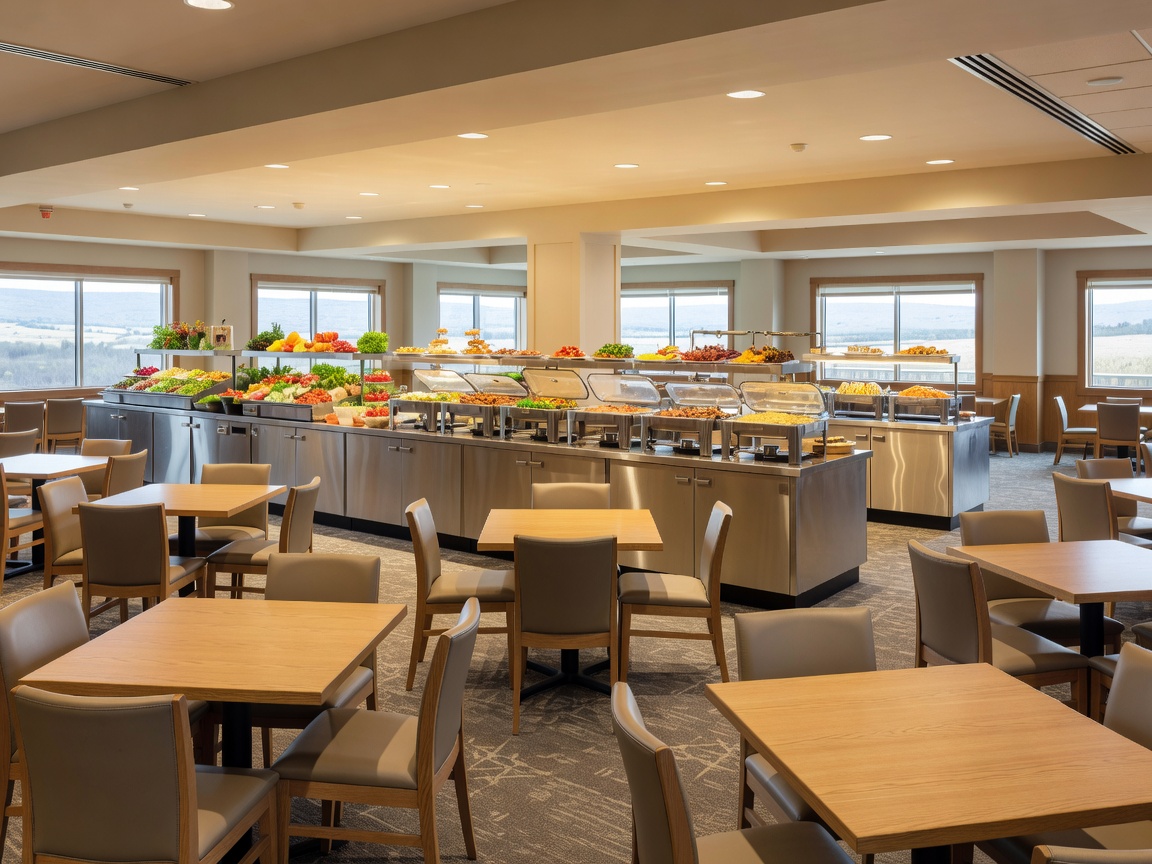 Buffet and casual dining hall setup at Grey Eagle Resort