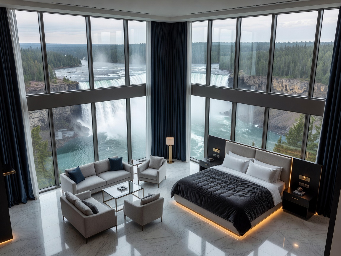 High angle view of a luxury resort room interior overlooking a natural landscape representing Fallsview